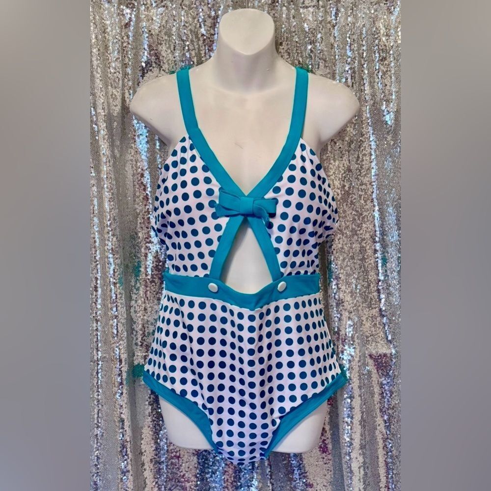 Retro Stage Polka Dot women’s One-Piece Swimsuit - Blue/Green and White XXL 14